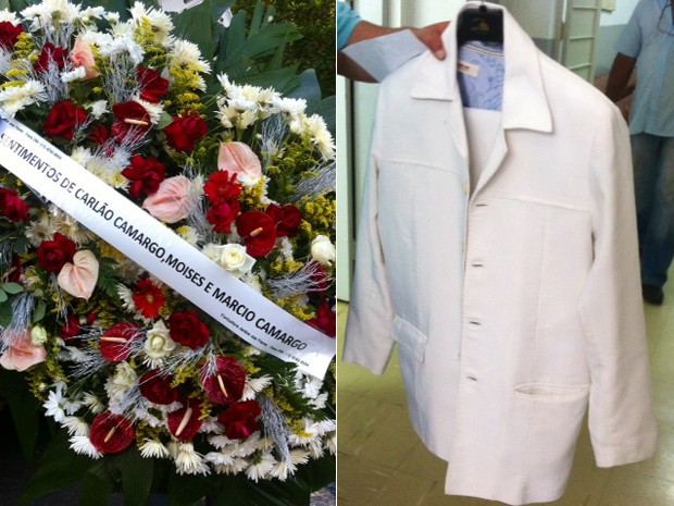 Coroa de flores deixada para Jair Rodrigues e o terno com o qual ele deve ser enterrado (Foto: G1)