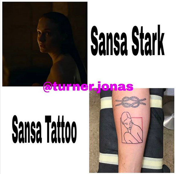 Uma comparação feita por fãs de Joe Jonas cogitando a foto de Sophie Turner que teria inspirado a tatuagem do músico (Foto: Instagram)