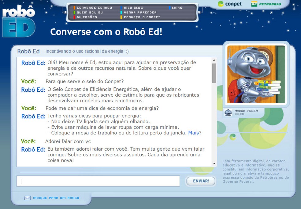 Interface antiga do Robô Ed — Foto: InBot/Divulgação