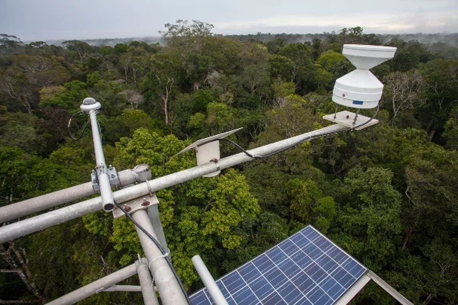 Instrumentos de monitoramento em uma das torres de observação do AmazonFace