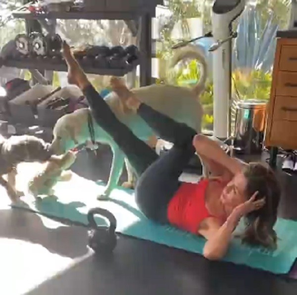 Jennifer Aniston tendo seus exercícios interrompidos pelos pets Lord Chesterfield e Clyde (Foto: Instagram)