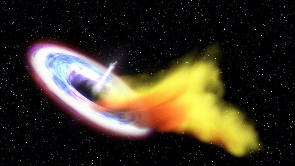 Ilustração mostra buraco negro devorando massa de gás  (Foto: Nasa)