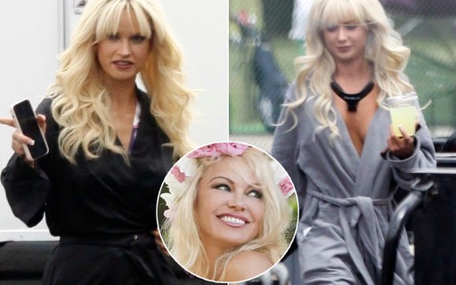 Atriz e dublê que interpretam Pamela Anderson em série são clicadas em set