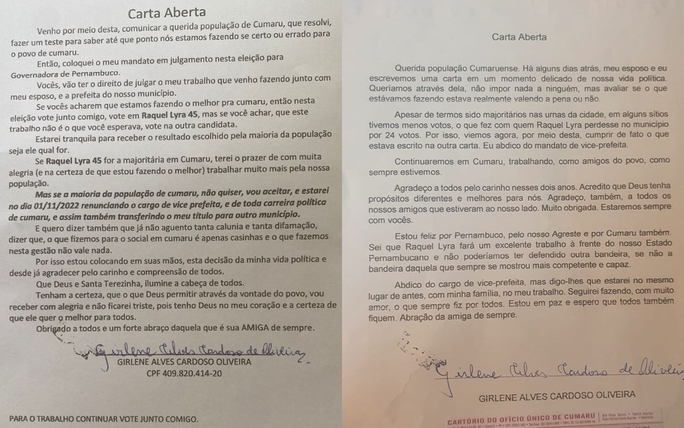 Cartas da vice-prefeita de Cumaru, Girlene Cardoso — Foto: Reprodução/WhatsApp