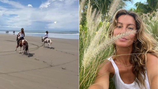 Gisele Bündchen anda a cavalo com a filha Vivian Lake em praia paradisíaca: 'Minha parceirinha'