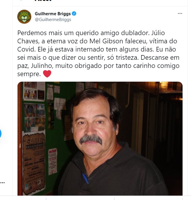 Guilherme Briggs se despede de Júlio Chaves (Foto: Reprodução Twitter)