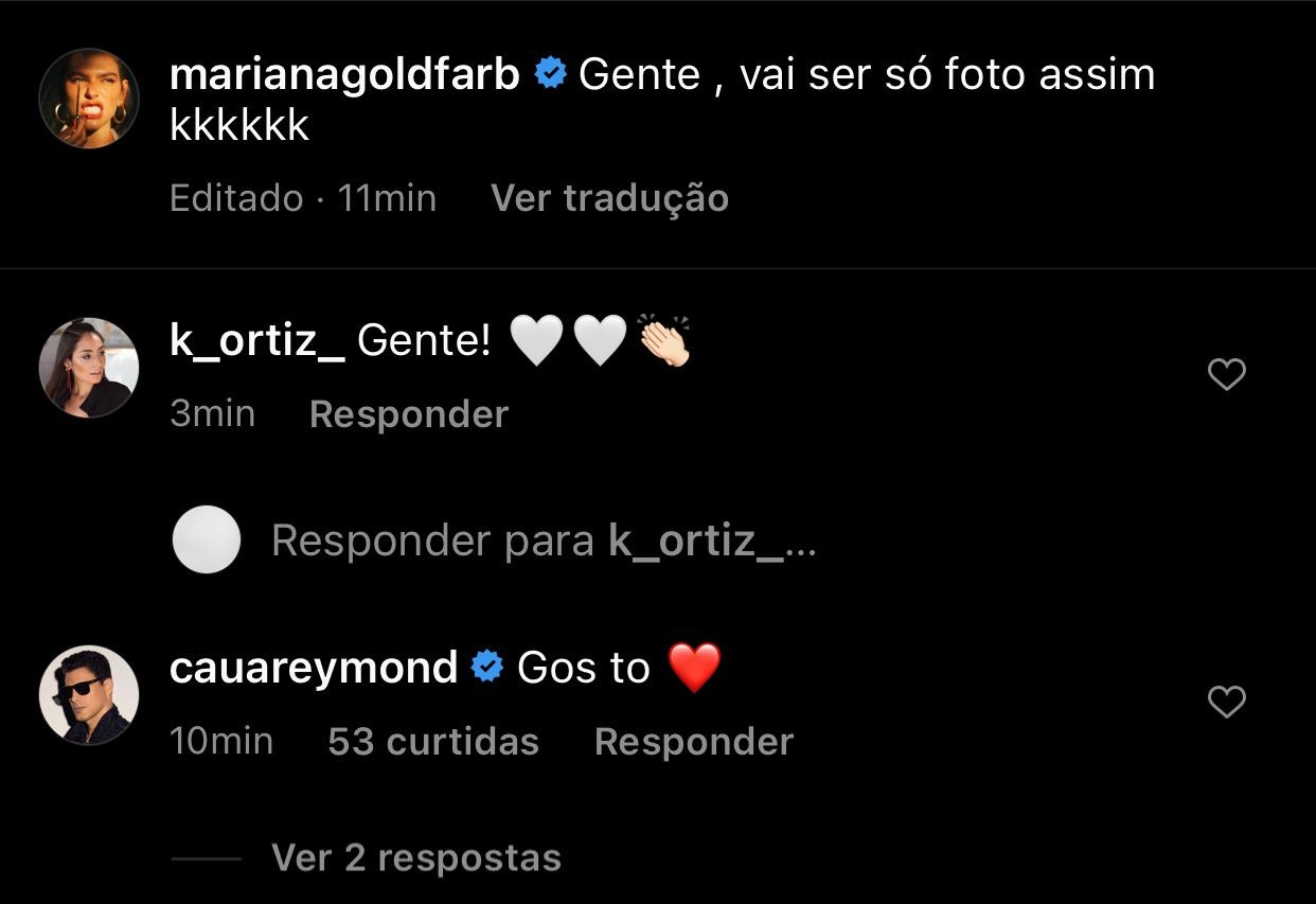 Cauã deixa comentário para Mariana Goldfarb (Foto: Instagram/Reprodução)