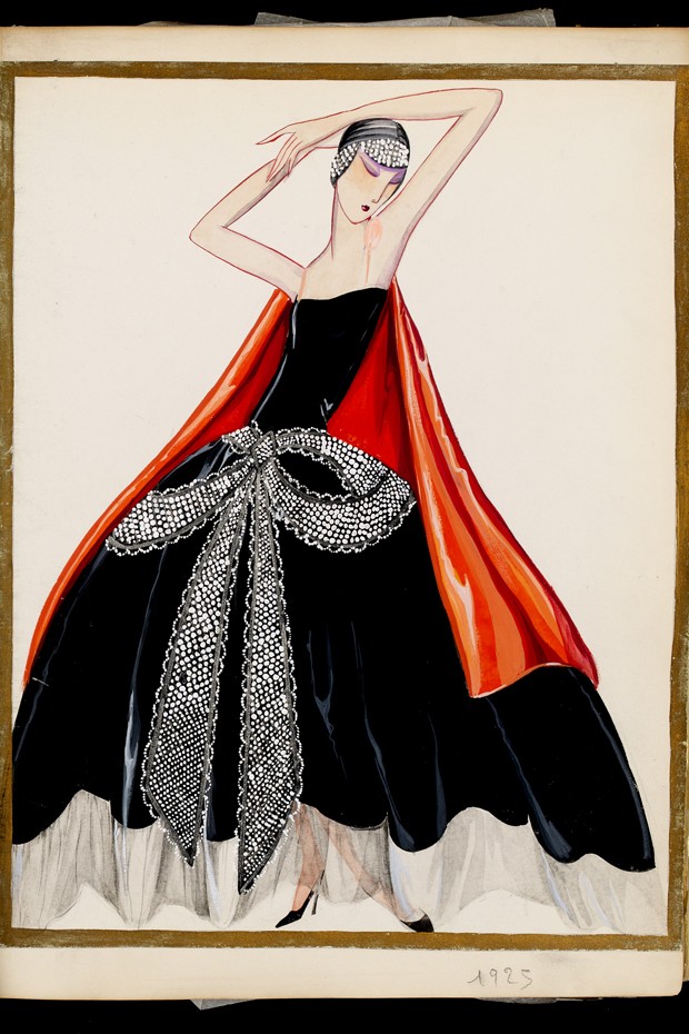 Gouache illustration of the 1925 ‘La Cavallini’ evening gown made of black taffetas ornamented with a knot embroidered with pearls, crystals and metallic thread (Foto: Patrimoine Lanvin)