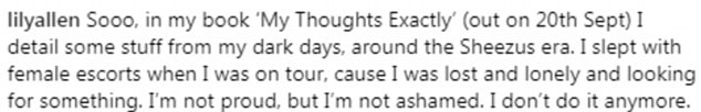 Post de Lily Allen, em que adianta a revelação bombástica da sua autobiografia (Foto: Reprodução/Instagram)