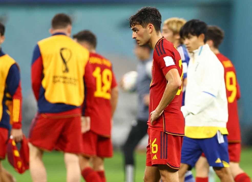 Pedri, com sua cara de decepção após a derrota da Espanha para o Japão — Foto: Kim Hong-Ji/Reuters