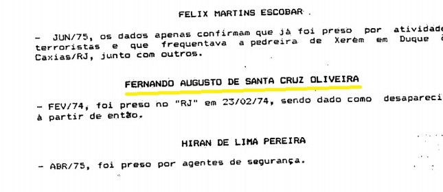 Relatório da Marinha registra prisão de Fernando Santa Cruz