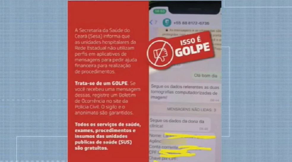 Secretaria de Saúde alerta sobre novo golpe.  — Foto: Reprodução/TV Verdes Mares