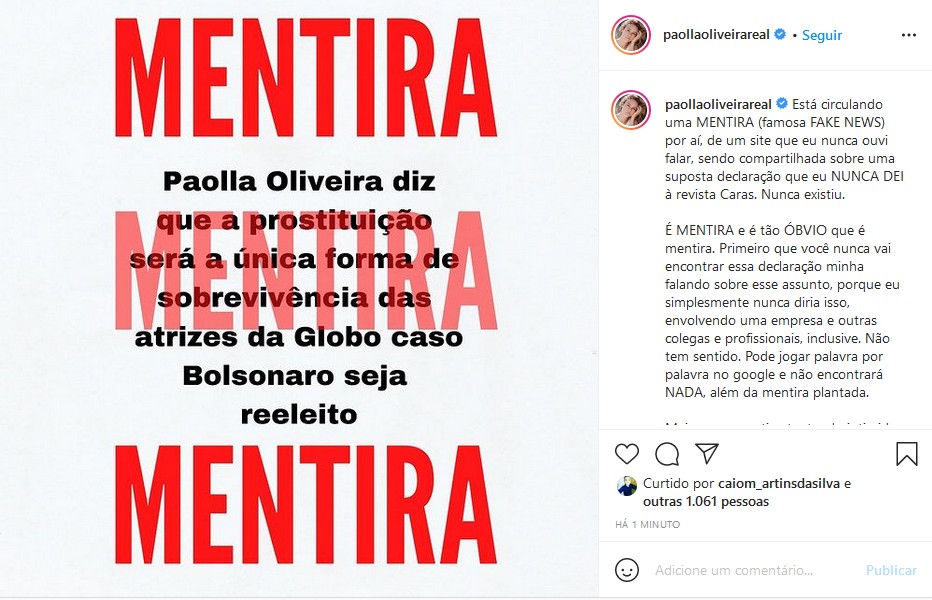 O post de Paolla Oliveira (Foto: Reprodução Instagram)