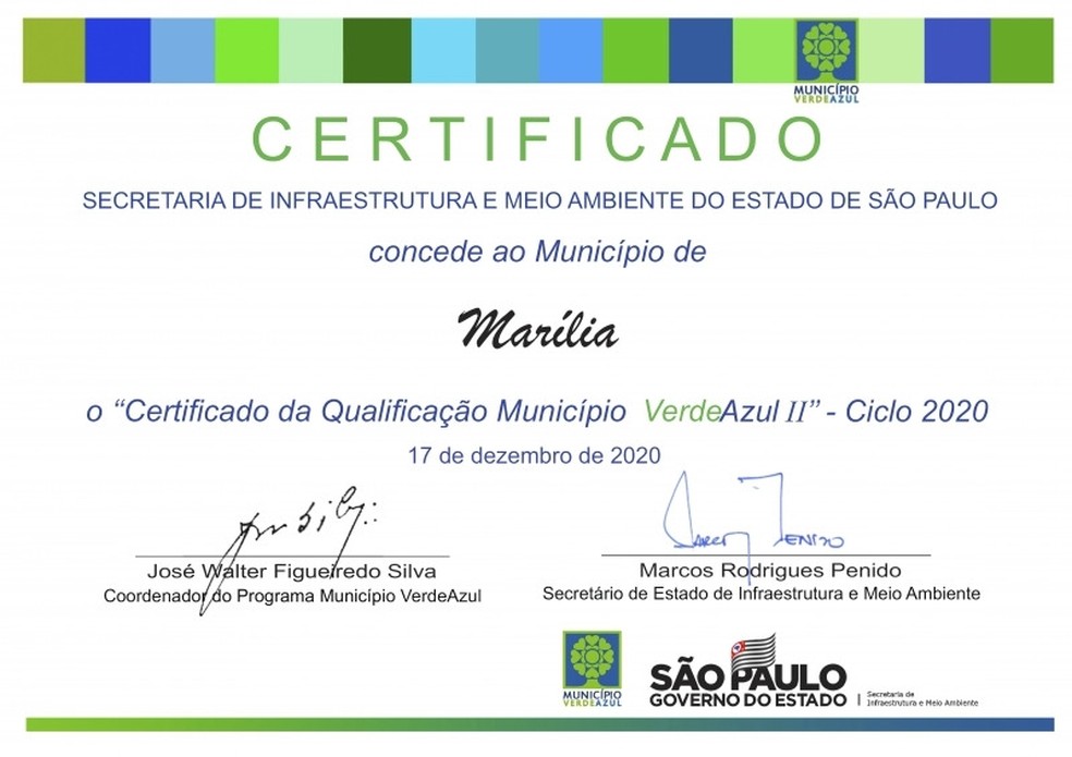 O certificado do Programa Município Verde Azul foi concedido à cidade nos ciclos 2020 e 2021 — Foto: Divulgação/Prefeitura de Marília
