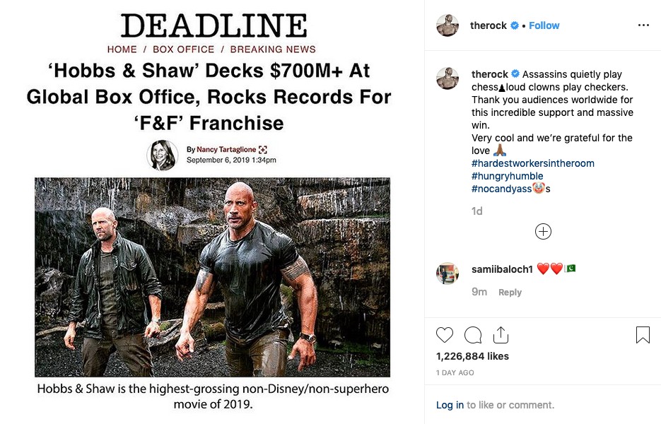 O post de Dwayne The Rock Johnson celebrando a bilheteria de Velozes e Furiosos: Hobbs e Shaw com direito a alfinetada em Vin Diesel e demais ex-colegas de Velozes e Furiosos (Foto: Instagram)