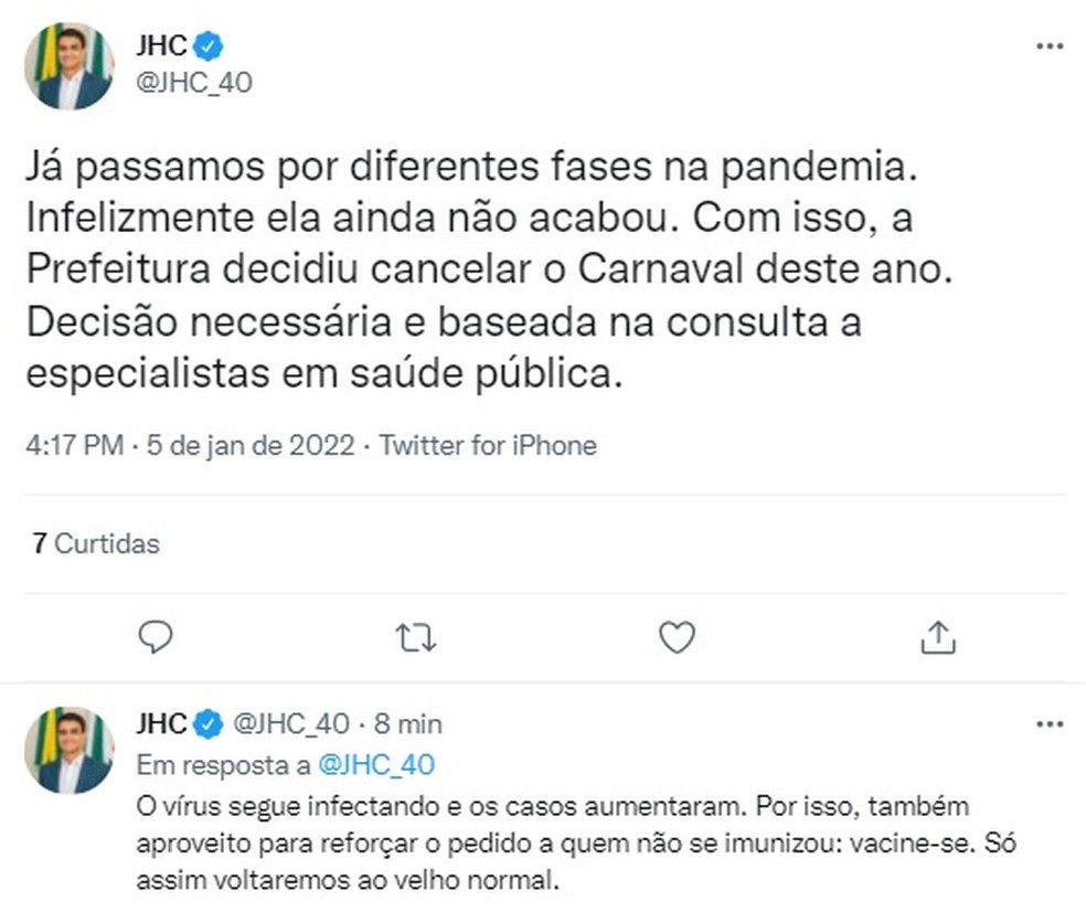  Carnaval é cancelado em Maceió pelo prefeito JHC (PSB) — Foto: Reprodução/Twitter