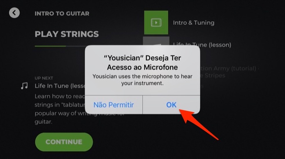 Ação para permitir que o app Yousician use o microfone do celular para captar o som do violão — Foto: Reprodução/Marvin Costa