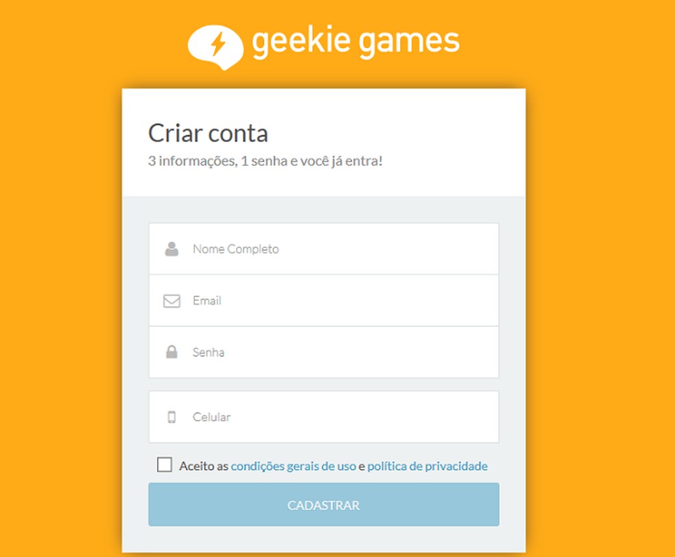 Para entrar no Geekie Games, o aluno precisa preencher um cadastro com seus dados — Foto: Reprodução: Barbara Ablas