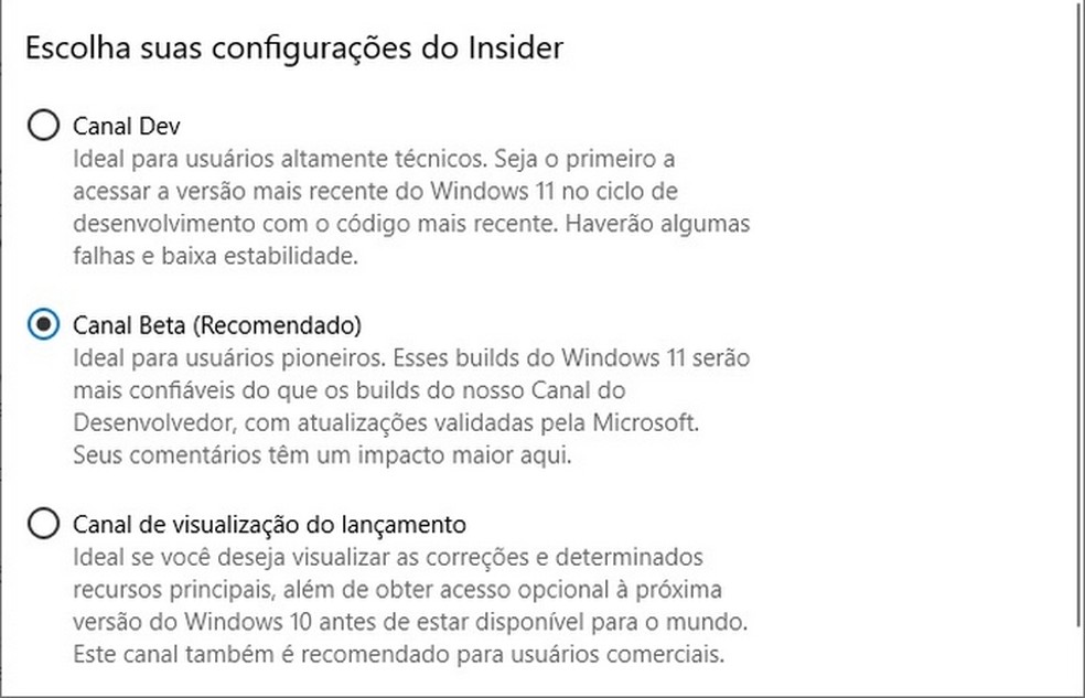 Programa Windows Insider é dividido em três canais, voltados para diferentes perfis de usuários — Foto: Reprodução/Raquel Freire