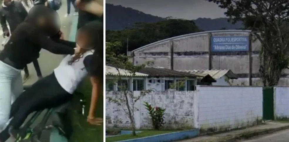 Confusão entre alunos aconteceu em frente à Escola Municipal Maria Aparecida Soares Amendola, em Itanhaém, momentos antes da diretora ser agredida — Foto: Reprodução