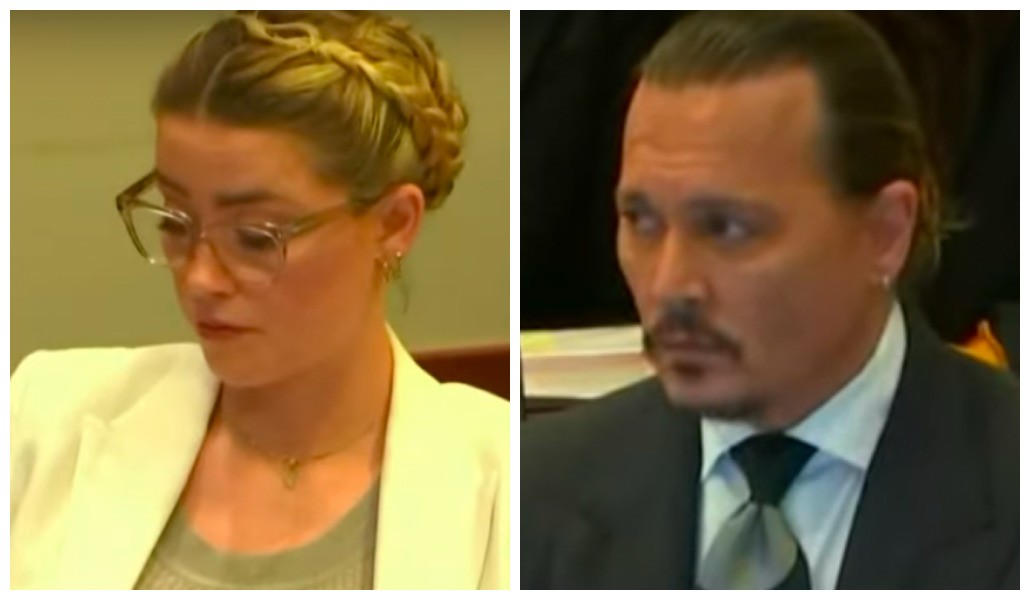 Amber Heard e Johnny Depp em sessão do julgamento do processo movido pelo ator contra a ex (Foto: Reprodução)
