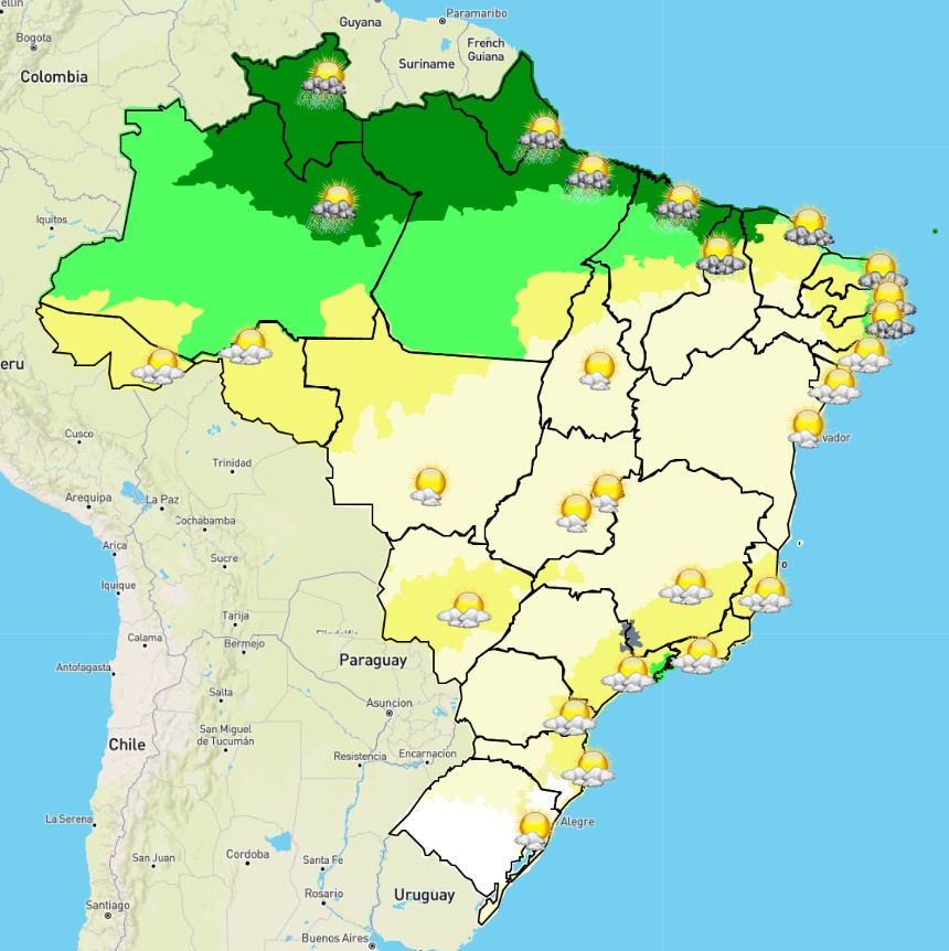 Mapa do Brasil feito pelo Inmet indica chuvas no litoral paulista e tempo seco em grande parte do país nesta quinta-feira (17/6)  (Foto: Inmet)