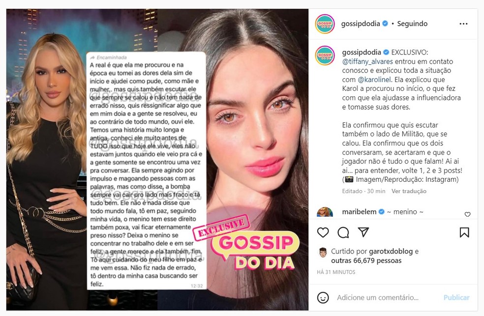 Esclarecimento de Tiffany — Foto: Reprodução / Instagram