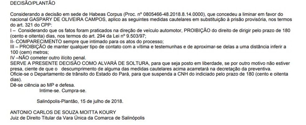 Juiz substitui prisão provisória por medidas cautelares de jovem embriagado que atropelou vendedor no Pará. (Foto: Reprodução / TJPA)