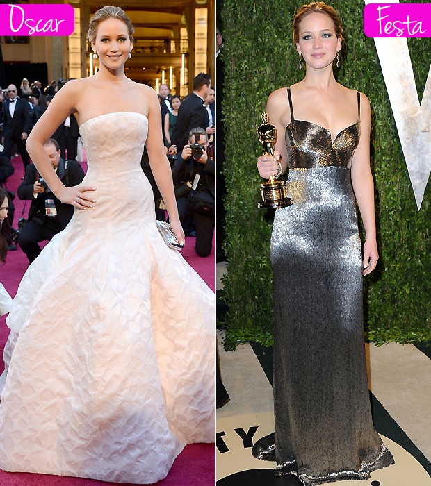 Jennifer Lawrence usou Dior na premiação e Calvin Klein na festa da Vanity Fair (Foto: Getty Images)