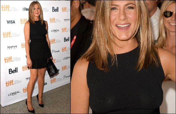 Em setembro, Jennifer Aniston deixou o sutiã em casa e usou uma blusa preta bem reveladora no Festival Internacional de Cinema de Toronto, no Canadá. (Foto: Getty Images)