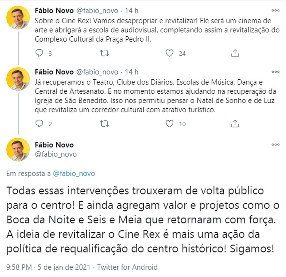 Secretário estadual de cultura Fábio Novo (PT) anuncia desapropriação do Cine Rex, em Teresina — Foto: Twitter/ Reprodução