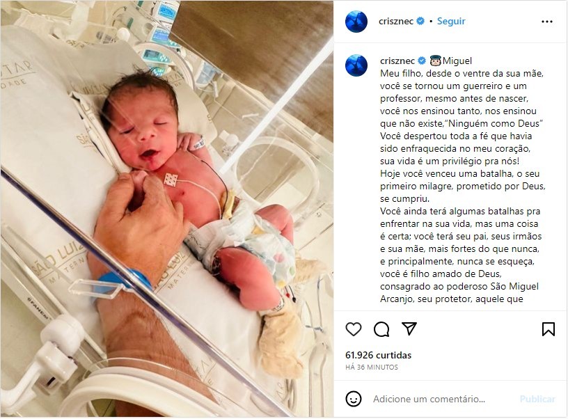 Sertanejo Cristiano, da dupla com Zé Neto, anuncia nascimento do filho Miguel