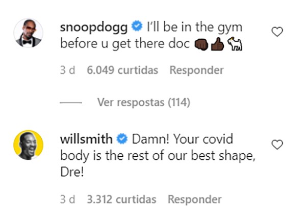 Os comentários de Will Smith e Snoop Dogg na publicação de Dr. Dre (Foto: Reprodução / Instagram)