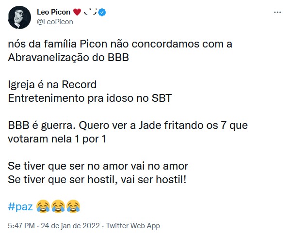 leo Picon opina sobre BBB (Foto: Reprodução/Twitter)
