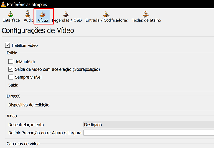 Clique na guia vídeo para alterar as configurações de capturas de tela do VLC (Foto: Reprodução/Elson de Souza)