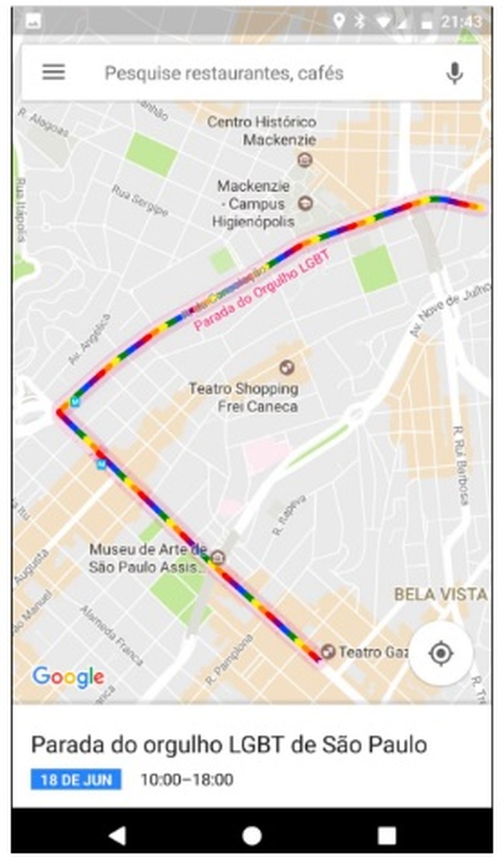 Google Maps vai indicar trajeto da Parada LGBT em SP com cores do arco