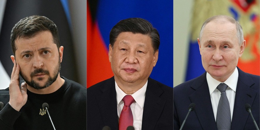 Presidentes da Ucrânia, Volodymyr Zelensky; da China, Xi Jinping; e da Rússia, Vladimir Putin
