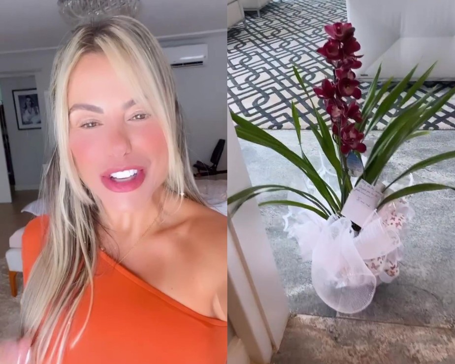 Poliana Rocha se emociona ao ganhar flores do filho Zé Felipe