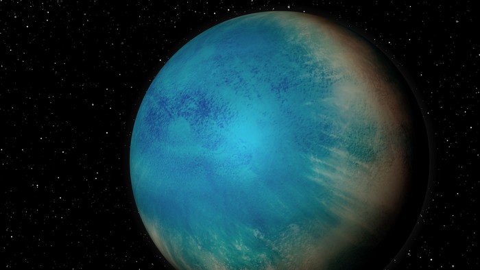 Representação artística do exoplaneta TOI-1452 b, um pequeno planeta que pode estar inteiramente coberto por um oceano profundo. (Foto: Reprodução/ Universidade de Montreal)