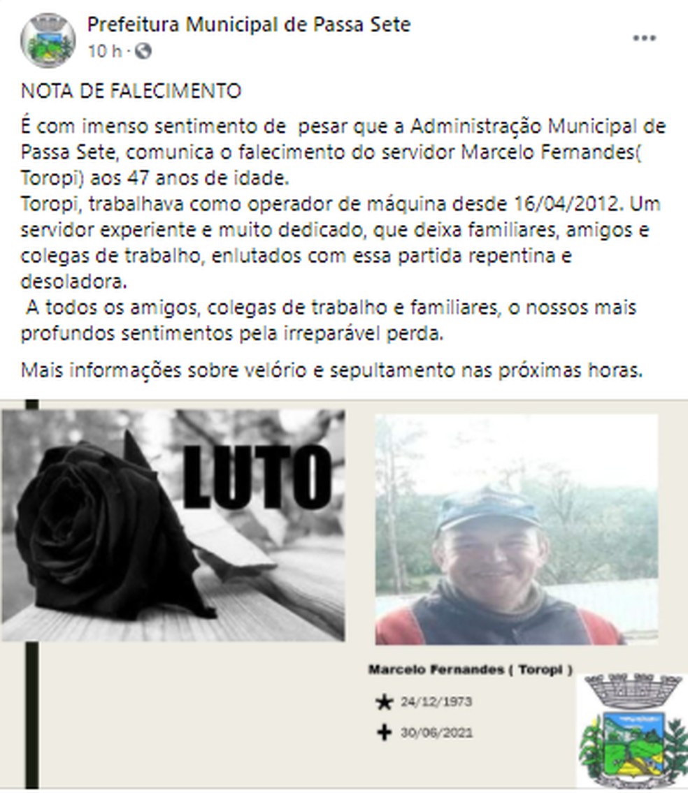 Prefeitura de Passa Sete lamenta a morte de servidor municipal  — Foto: Reprodução/Facebook