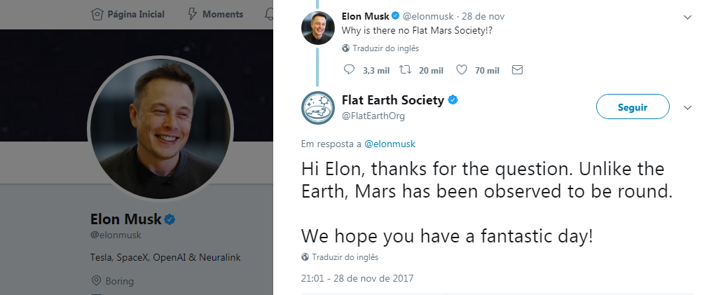 Reprodução do diálogo entre Musk e terraplanistas (Foto: Reprodução/Twitter)