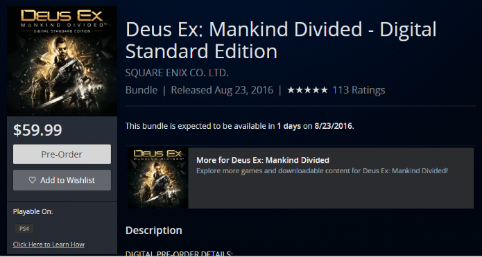 Página de Deus Ex: Mankind Divided na PlayStation Store (Foto: Reprodução/André Mello)