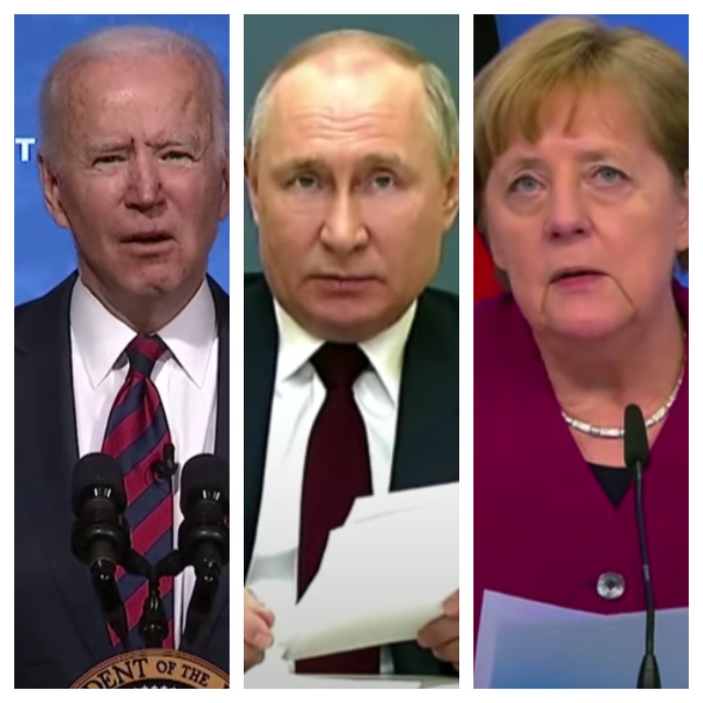Joe Biden, Vladimir Putin e Angela Merkel durante a Cúpula de Líderes para o Clima, em 22 de abril de 2022 — Foto: Reprodução