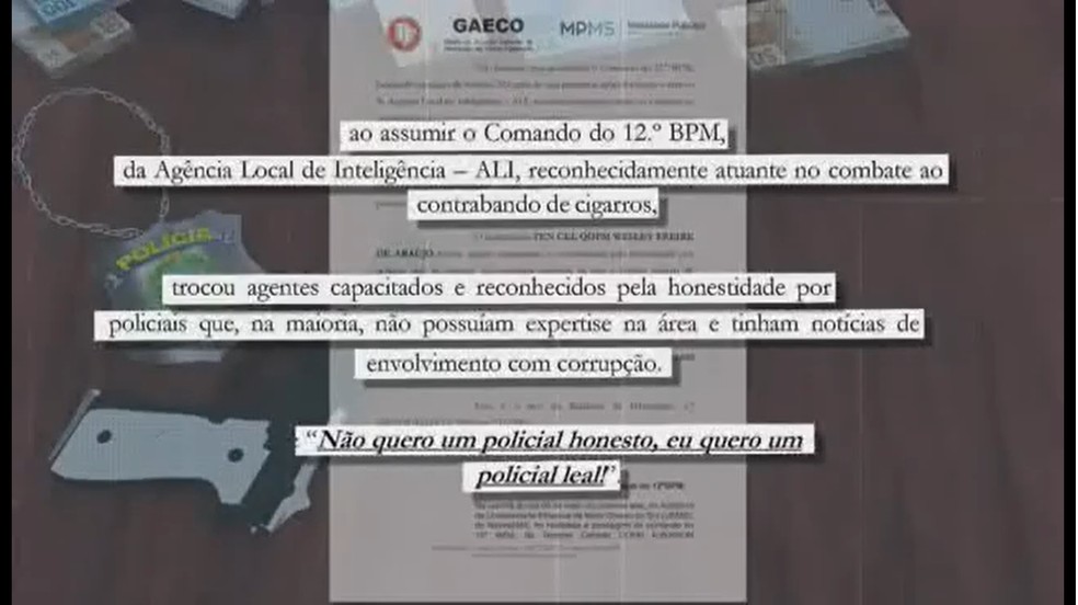 Trecho da denúncia do Gaeco mostra troca de agentes realizada por Araújo para manter esquema criminoso de cigarros contrabandeados do Paraguai — Foto: TV Morena/Reprodução