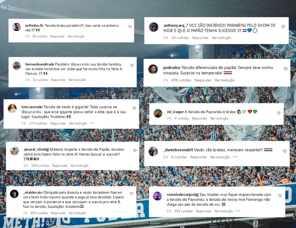 Torcedores do Fluminense elogiam festa da torcida do Paysandu &mdash; Foto: Reprodu&ccedil;&atilde;o/Redes Sociais