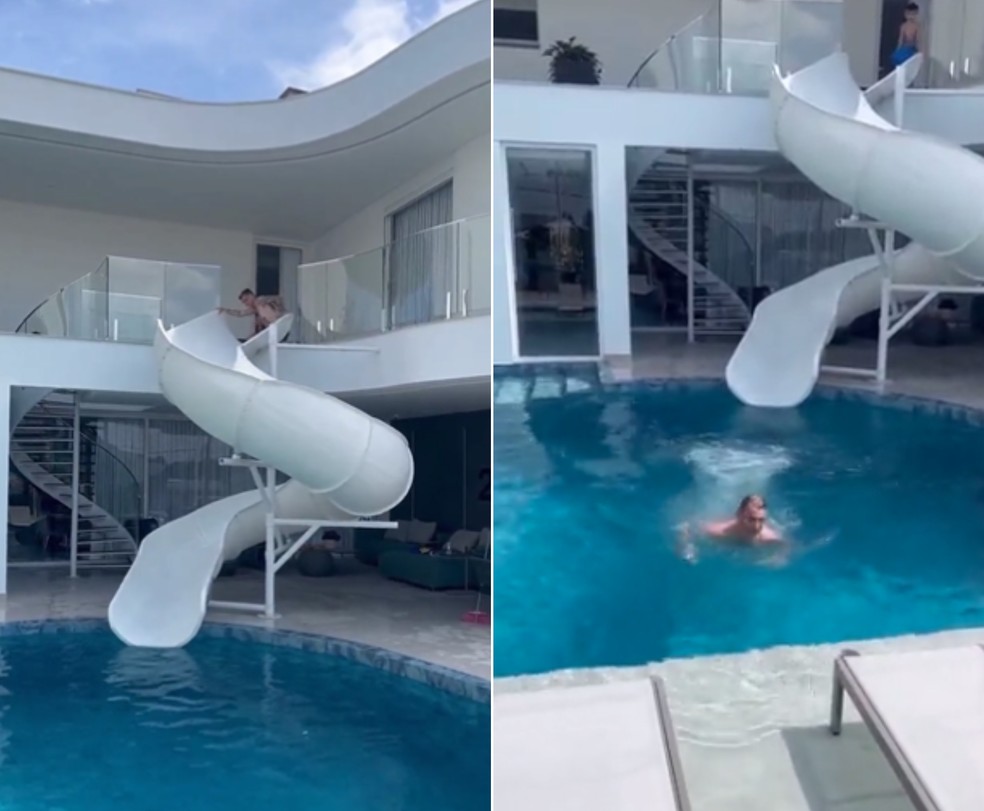 Roger Guedes usa o tobogã  para ir da suíte direto para a piscina — Foto: Reprodução/Twitter @loucosdobandoo