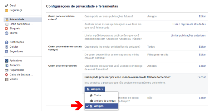 Configurando a privacidade do seu número de celular no Facebook (Foto: Reprodução/Lívia Dâmaso)
