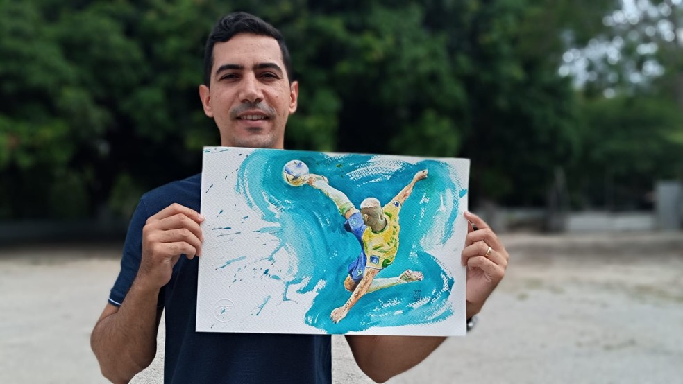 Demeilson Ferreira transformou obra de arte de Richarlison na Copa em pintura em aquarela — Foto: Arquivo pessoal