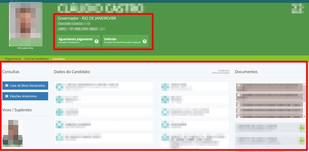 Página do TSE mostra os dados completos sobre o candidato a governador selecionado pelo público — Foto: Reprodução/Gabriela Andrade
