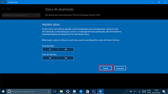 Clique em salvar para definir horário ativo do Windows 10 e evitar reinicializações (Foto: Reprodução/Elson de Souza)